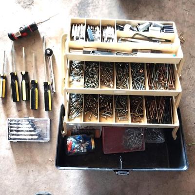 TRI LEVEL CARRY BOX FILLED WITH HARDWARE AND SCREW DRIVERS