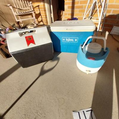 TWO ICE COOLERS AND COLEMAN WATER JUG