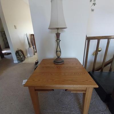 WOODEN SIDE TABLE AND TABLE LAMP