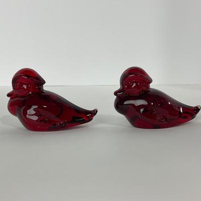 -21- HEISEY | By Dalzell Imperial Ruby Red Marked Sitting Wood Ducklings