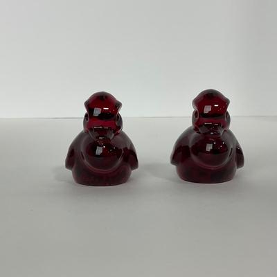 -21- HEISEY | By Dalzell Imperial Ruby Red Marked Sitting Wood Ducklings