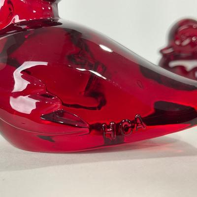 -21- HEISEY | By Dalzell Imperial Ruby Red Marked Sitting Wood Ducklings