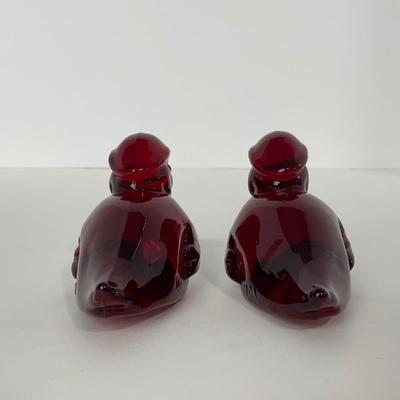-21- HEISEY | By Dalzell Imperial Ruby Red Marked Sitting Wood Ducklings