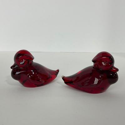 -21- HEISEY | By Dalzell Imperial Ruby Red Marked Sitting Wood Ducklings