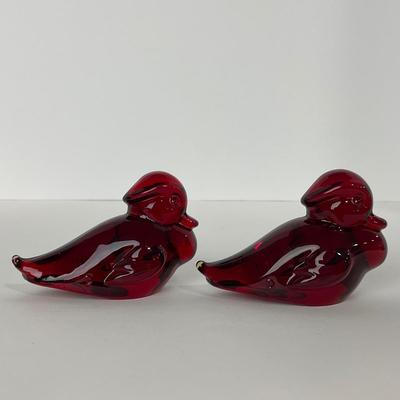 -21- HEISEY | By Dalzell Imperial Ruby Red Marked Sitting Wood Ducklings