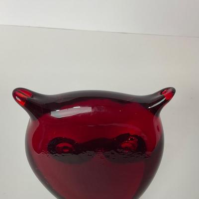 -48- VIKING Mid Century Ruby Red Large Owl Paperweight