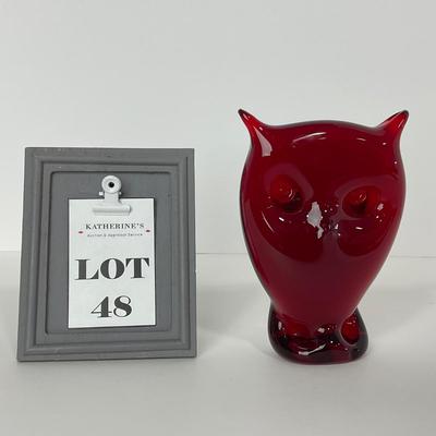-48- VIKING Mid Century Ruby Red Large Owl Paperweight