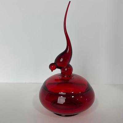 -50- VIKING | Mid Century Ruby Red Long Tail Bird | Candy Dish