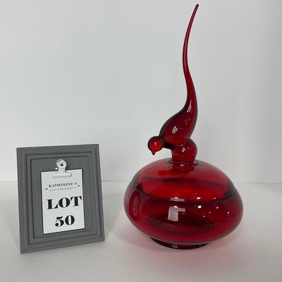 -50- VIKING | Mid Century Ruby Red Long Tail Bird | Candy Dish