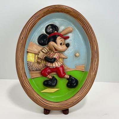 -8- HOME | Vintage Disney Mickey Mouse Playing Baseball | Wall Plaque Hand Painted
