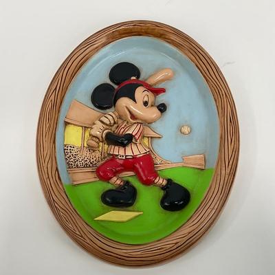 -8- HOME | Vintage Disney Mickey Mouse Playing Baseball | Wall Plaque Hand Painted