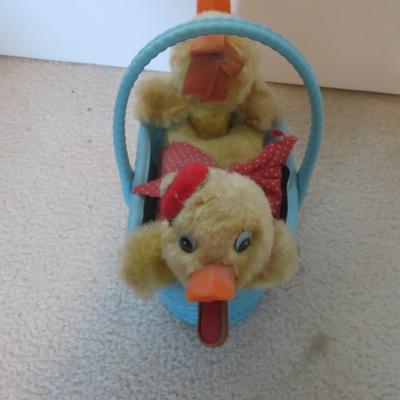 Vintage Mechanical Easter Fuzzy Ducks In A Blue Plastic Basket Windup Japan