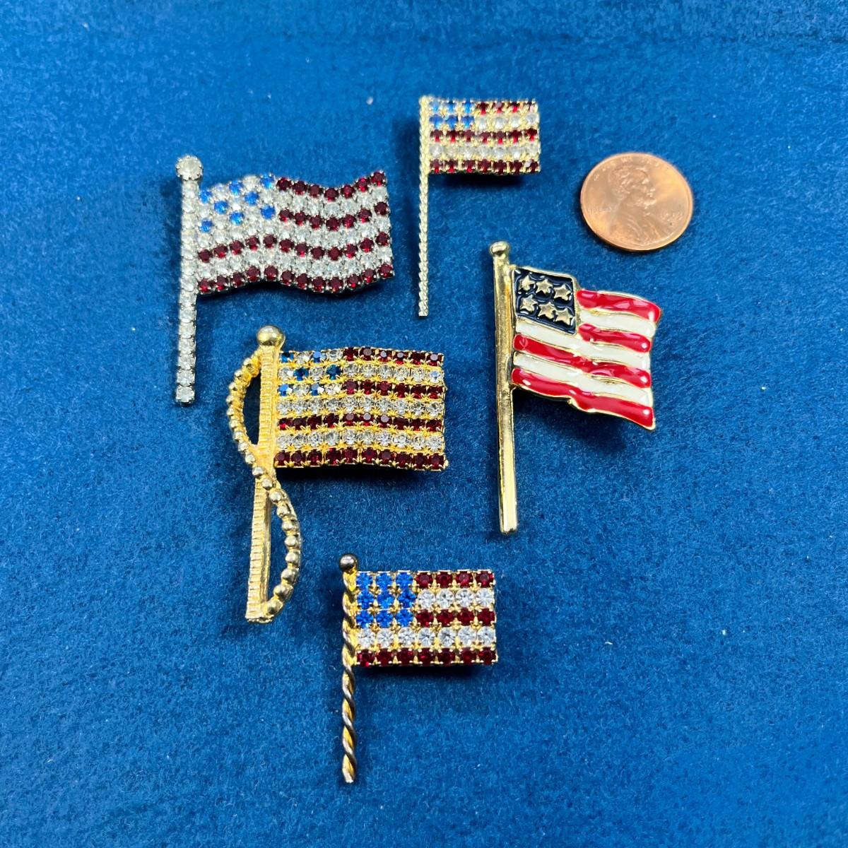 GROUP OF 5 DIFFERENT U.S. FLAG PINS-4 RHINESTONE, 1 ENAMELED ...