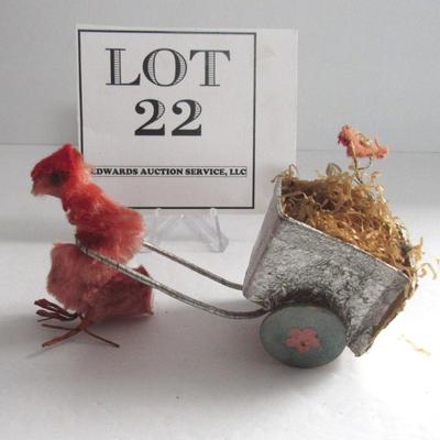 Vintage Easter Chenille Rooster Pulling Tiny Cardboard Cart