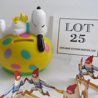Older Whittman's Candy Snoopy Easter Egg Bank and Swedish Paper Garland Gnomes
