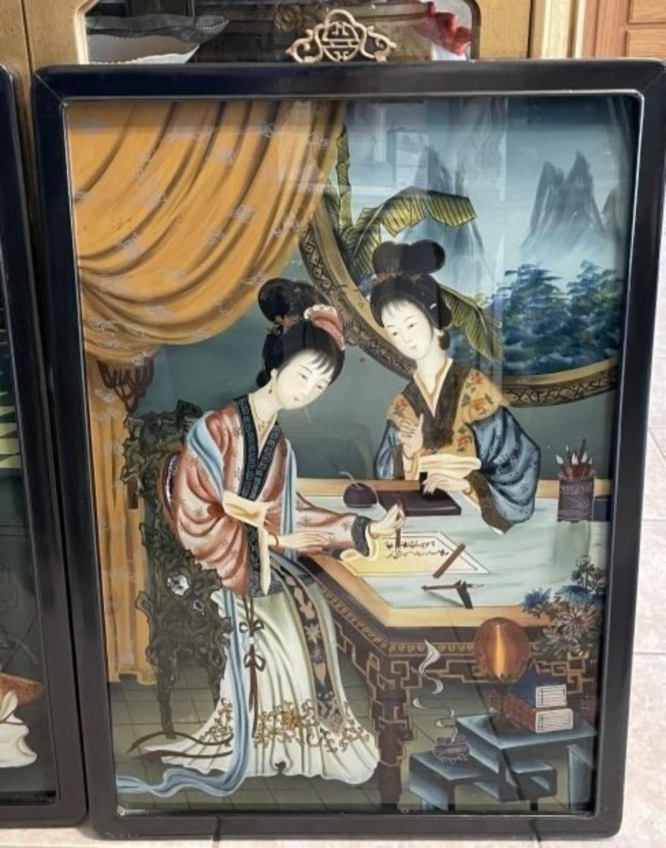 Pair of Vintage Chinese Reverse Glass Paintings 19.5" x 27.25" Preowned ...
