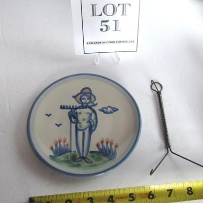 Hand Made Pottery Plate by M A Hadley and Plate Hanger