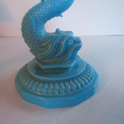 Vintage Blue Milk Glass Dolphin Candlestick, Read Description