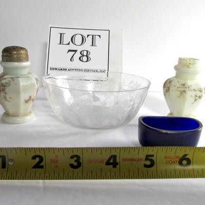 Lot of Misc Vintage Glassware, Etched Bowl, Shakers, Salt Insert