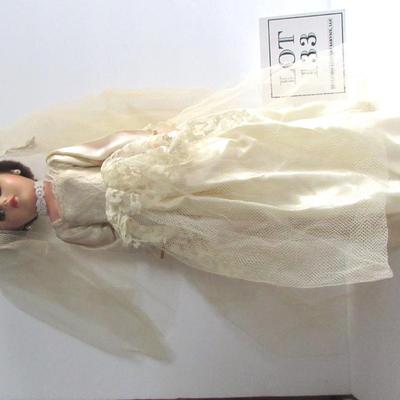 Vintage Tall Vinyl Brides Doll In Wedding Dress, Earrings, Heels, Veil, Marked AE20