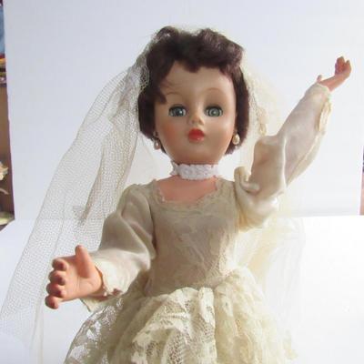 Vintage Tall Vinyl Brides Doll In Wedding Dress, Earrings, Heels, Veil, Marked AE20