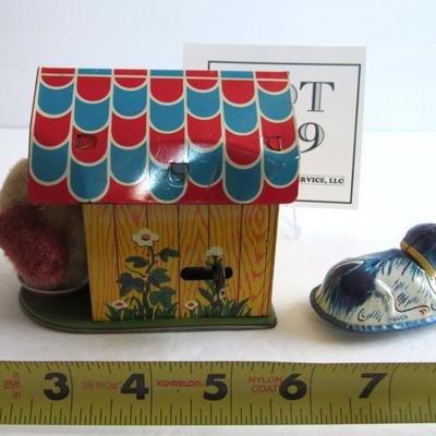 Vintage Tin Toy Wind Up Dog in Doghouse and Friction Tiny Dog