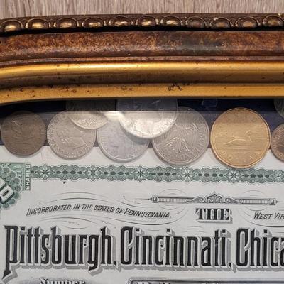 Antique Bubble Frame filled with Antique & Vintage Coins, Paper Money, and a Stock Certificate