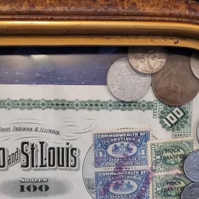 Antique Bubble Frame filled with Antique & Vintage Coins, Paper Money, and a Stock Certificate
