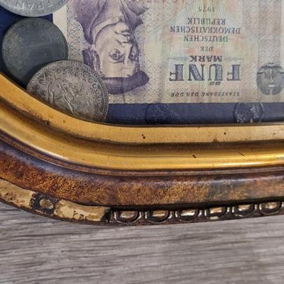 Antique Bubble Frame filled with Antique & Vintage Coins, Paper Money, and a Stock Certificate