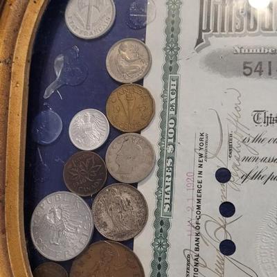 Antique Bubble Frame filled with Antique & Vintage Coins, Paper Money, and a Stock Certificate