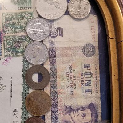 Antique Bubble Frame filled with Antique & Vintage Coins, Paper Money, and a Stock Certificate