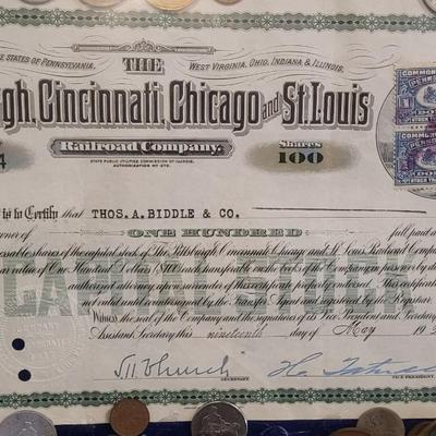 Antique Bubble Frame filled with Antique & Vintage Coins, Paper Money, and a Stock Certificate