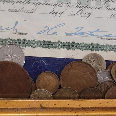 Antique Bubble Frame filled with Antique & Vintage Coins, Paper Money, and a Stock Certificate