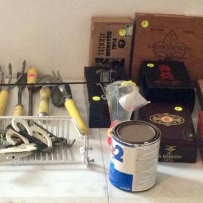 Gardening tools, cigar boxes