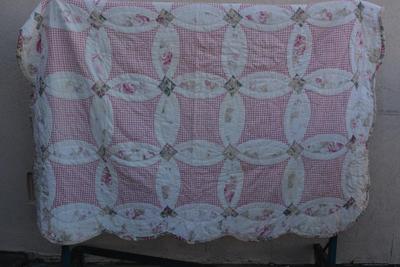 Vintage Double Wedding Ring Hand Pieced & Hand Stitched Quilt 86"x84"