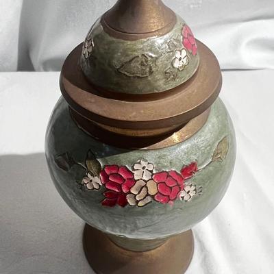 VTG Urn Ginger Jar & Lid Enameled Floral Design Solid Brass Made in India