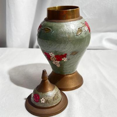 VTG Urn Ginger Jar & Lid Enameled Floral Design Solid Brass Made in India