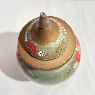 VTG Urn Ginger Jar & Lid Enameled Floral Design Solid Brass Made in India