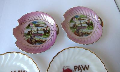 Cute Vintage Anchor Hocking Maw & Paw Ozarks Plates, Canada Lusterware Candy Dishes