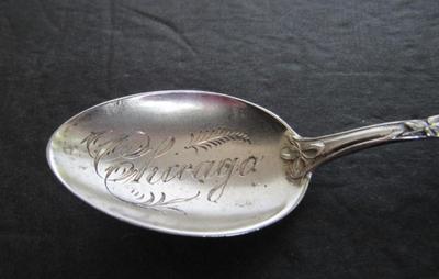 Antique Sterling Silver Souvenir Spoon, Chicago, Very Fancy Handle Strawberry Theme