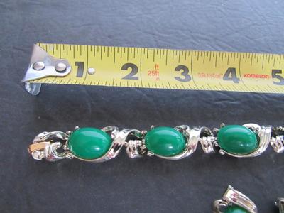 Vintage Gold Tone and Green Plastic Bracelet and Earrings Set