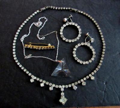 Vintage Rhinestone Jewelry Lot, Coro Earrings, Sterling Chain