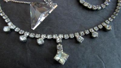 Vintage Rhinestone Jewelry Lot, Coro Earrings, Sterling Chain
