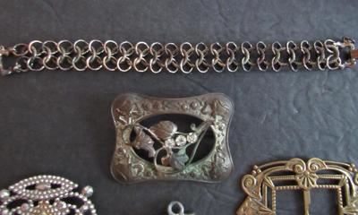 Misc Jewelry Parts Lot: 2 Belt Buckles, Brooch, Bracelet and Other