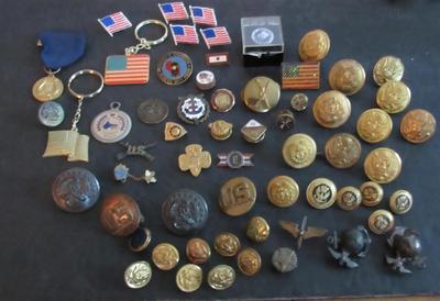 Large Lot of Vintage Military Buttons, Pins, Etc