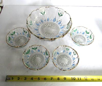 Nice Old Pressed Glass Hand Painted/Enameled Berry Bowl Set