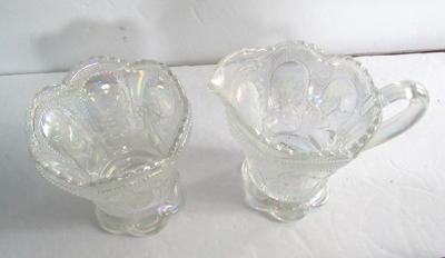 Older Mosser Glass Clear Carnival Sugar/Creamer Set, Beaded Ovals in Sand w/Holly & Berries