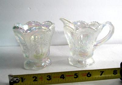 Older Mosser Glass Clear Carnival Sugar/Creamer Set, Beaded Ovals in Sand w/Holly & Berries