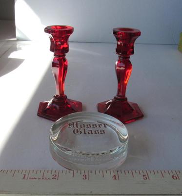 Old Mosser Glass Paperweight and Miniature Red Candlesticks