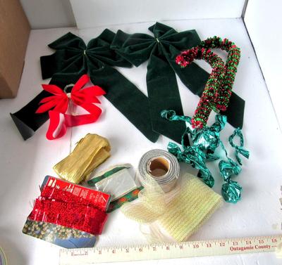 Lot of Bows and Unused Ribbon and Ribbon Curlicues, 2 Candy Canes